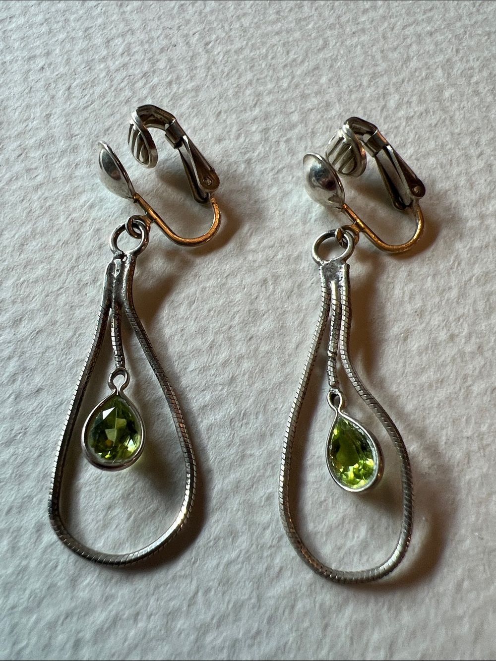 Sterling Silver Teardrop Clip-On Earrings with Green Stone